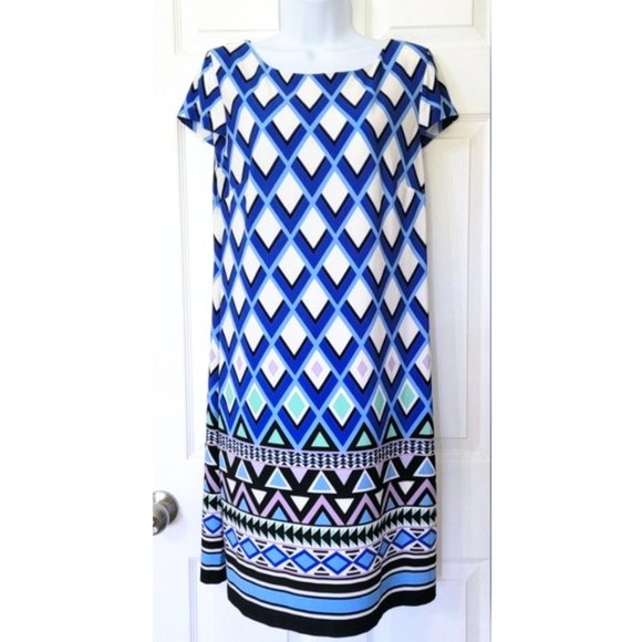 EUC Geometric Pattern Shift Mini Dress w/Cap Sleeves in Blue & White - Picture 1 of 4